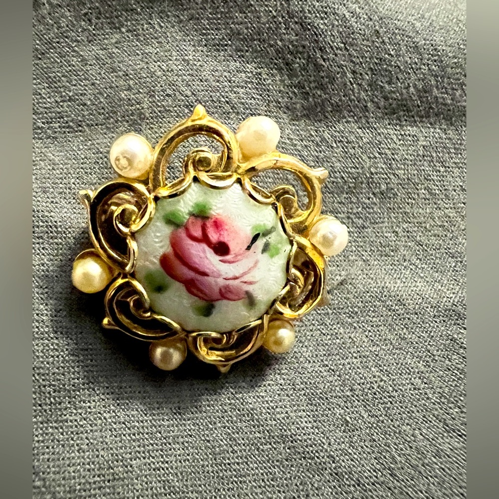 Vintage pin hand painted rose.